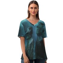 yanfind V Neck T-shirt for Women Moai Statues Easter Island Moon Stars Night Sky Summer Top  Short Sleeve Casual Loose