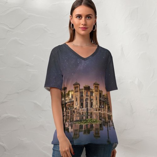 yanfind V Neck T-shirt for Women Massimiliano Morosinotto Castle Fountain Reflection Outer Space Milky Way Stars Pond Sunset Summer Top  Short Sleeve Casual Loose