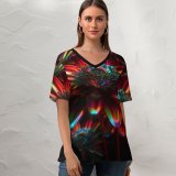 yanfind V Neck T-shirt for Women Stu Ballinger Abstract Flowers Neon Flower CGI Cyberpunk Glowing Summer Top  Short Sleeve Casual Loose