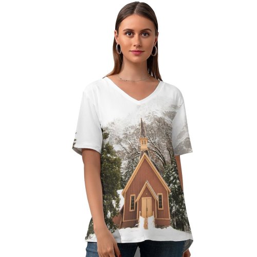 yanfind V Neck T-shirt for Women Chapel Oak Yosemite Building Flora Quiet Snow Wallpapers Plant Outdoors Tree Summer Top  Short Sleeve Casual Loose