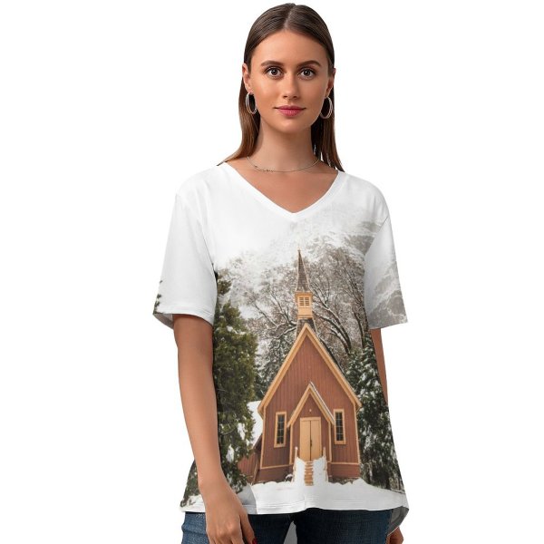 yanfind V Neck T-shirt for Women Chapel Oak Yosemite Building Flora Quiet Snow Wallpapers Plant Outdoors Tree Summer Top  Short Sleeve Casual Loose