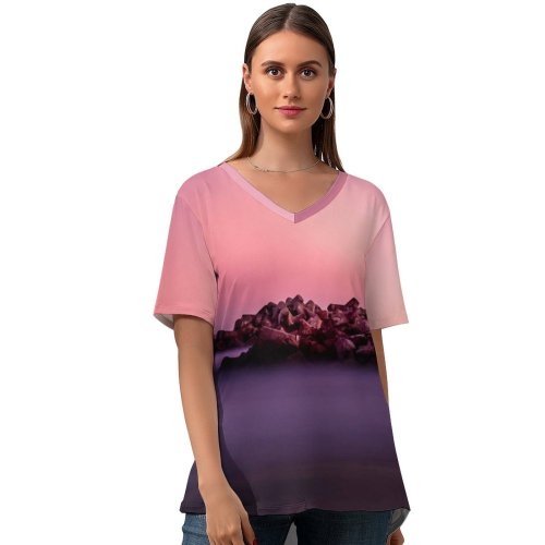 yanfind V Neck T-shirt for Women Everaldo Coelho Lighthouse Hour Beacon Purple Sky Rocks Seashore Sunset Summer Top  Short Sleeve Casual Loose