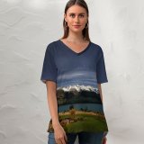 yanfind V Neck T-shirt for Women Dominic Kamp Lake Wakatipu Queenstown Zealand Glacier Mountains Mountain Range Snow Covered Summer Top  Short Sleeve Casual Loose