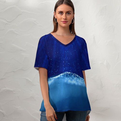 yanfind V Neck T-shirt for Women Tomislav Jakupec Abstract Digital Art Waves Particles Summer Top  Short Sleeve Casual Loose