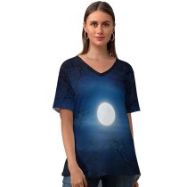 yanfind V Neck T-shirt for Women Aron Visuals Moon Night Trees Sky Moon Summer Top  Short Sleeve Casual Loose