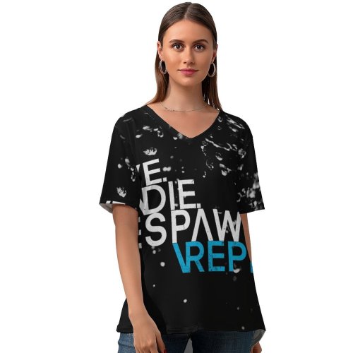 yanfind V Neck T-shirt for Women Black Dark Quotes Respawn Live Die Repeat Hardcore Gamer Quotes Dark Summer Top  Short Sleeve Casual Loose