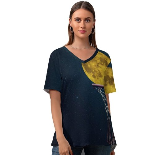 yanfind V Neck T-shirt for Women Anja Black Dark Moon Basketball Ring Night Sky Dark Stars Summer Top  Short Sleeve Casual Loose