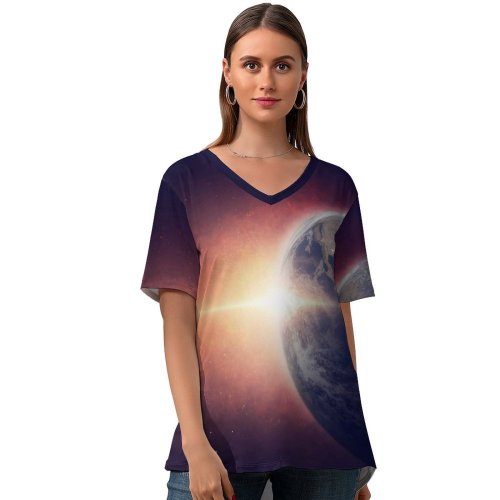 yanfind V Neck T-shirt for Women Comfreak Space Earth Planet Universe Space Travel Space Adventure Astronaut Sun Light Summer Top  Short Sleeve Casual Loose