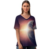 yanfind V Neck T-shirt for Women Comfreak Space Earth Planet Universe Space Travel Space Adventure Astronaut Sun Light Summer Top  Short Sleeve Casual Loose
