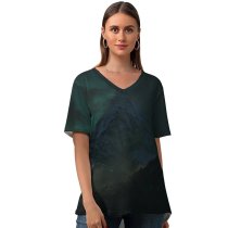yanfind V Neck T-shirt for Women Berduu Black Dark Moon Mountains Night Dark Forest Summer Top  Short Sleeve Casual Loose
