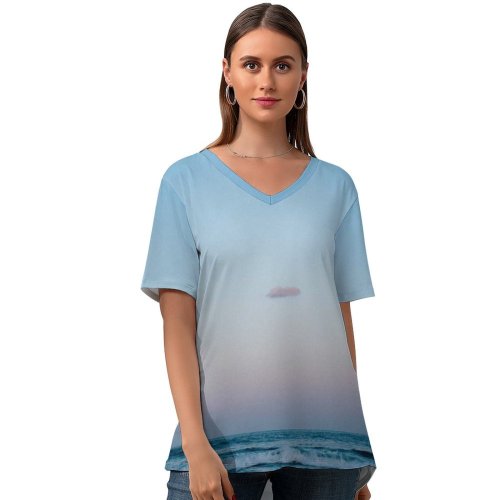 yanfind V Neck T-shirt for Women Blimp Ocean Public Airship Prefecture Wallpapers Outdoors Aircraft Dawn Transportation Summer Top  Short Sleeve Casual Loose