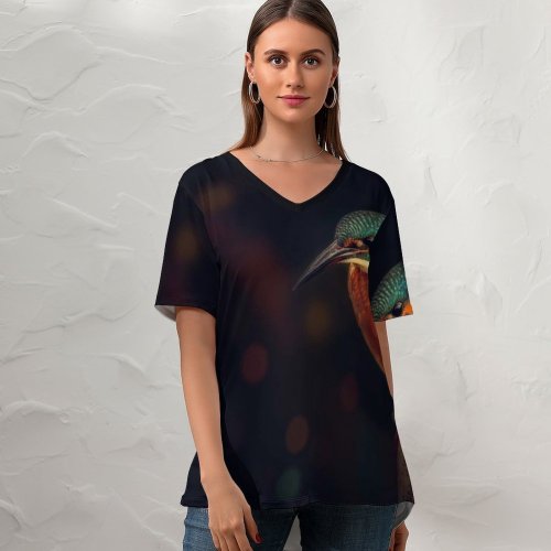 yanfind V Neck T-shirt for Women Hmetosche Black Dark Kingfisher Bird Wildlife Dark Closeup Bird Tree Branch Summer Top  Short Sleeve Casual Loose