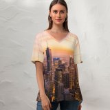 yanfind V Neck T-shirt for Women Chicago Cityscape Skyscrapers Dawn Sunset City Lights Illinois USA Summer Top  Short Sleeve Casual Loose