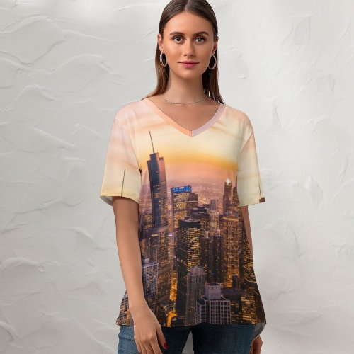 yanfind V Neck T-shirt for Women Chicago Cityscape Skyscrapers Dawn Sunset City Lights Illinois USA Summer Top  Short Sleeve Casual Loose