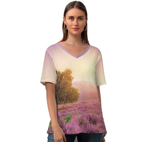 yanfind V Neck T-shirt for Women Gerard Spring Sunrise Landscape Purple Heath Countryside Summer Top  Short Sleeve Casual Loose