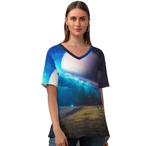 yanfind V Neck T-shirt for Women Thiago Garcia Fantasy Exploring Saturn Planet Surreal Time Travel Space Summer Top  Short Sleeve Casual Loose