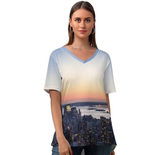 yanfind V Neck T-shirt for Women Gielt York City Aerial Cityscape City Lights Landmark Rockefeller Center City Sunset Summer Top  Short Sleeve Casual Loose