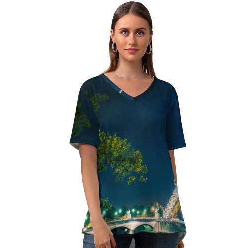 yanfind V Neck T-shirt for Women Lowe Rehnberg Eiffel Tower Night Time Glowing Lights Starry Sky Landmark Famous Summer Top  Short Sleeve Casual Loose