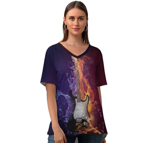 yanfind V Neck T-shirt for Women Comfreak Electric Guitar Instrument Dark Fire Purple Violet Summer Top  Short Sleeve Casual Loose