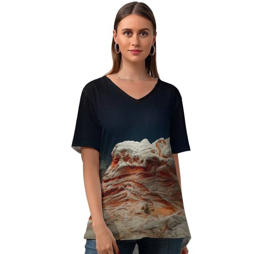 yanfind V Neck T-shirt for Women MacOS Big Sur Night Sedimentary Rocks Desert Starry Sky Dark IOS  Summer Top  Short Sleeve Casual Loose