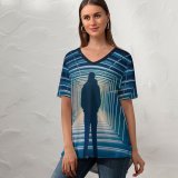 yanfind V Neck T-shirt for Women Otto Berkeley Vanishing Point Lights Patterns Symmetrical Indoor Summer Top  Short Sleeve Casual Loose
