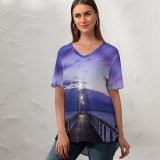 yanfind V Neck T-shirt for Women Luan Oosthuizen Wooden Pier Bridge Sunset Purple Dawn Seascape Holidays Sky Seashore Summer Top  Short Sleeve Casual Loose