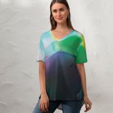 yanfind V Neck T-shirt for Women Robert Kohlhuber Abstract Liquid Art Colorful Fluid Waves  Summer Top  Short Sleeve Casual Loose
