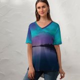 yanfind V Neck T-shirt for Women Dominic Kamp Bannalpsee Switzerland Aurora Borealis Starry Sky Landscape Mountains Silhouette Astronomy Summer Top  Short Sleeve Casual Loose