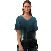 yanfind V Neck T-shirt for Women Castle Night Landscape Wallpapers Stock Free Exposure Caernarfon Pictures Nervum Boats Summer Top  Short Sleeve Casual Loose