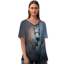 yanfind V Neck T-shirt for Women Black Dark Horse Running Horse Dark Summer Top  Short Sleeve Casual Loose