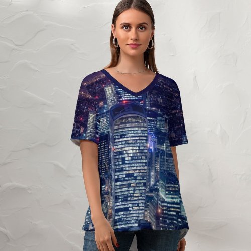 yanfind V Neck T-shirt for Women Otto Berkeley London City Cityscape Night Lights Skyscrapers Tower Gherkin Heron Tower Summer Top  Short Sleeve Casual Loose