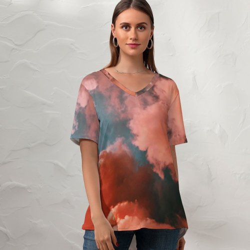 yanfind V Neck T-shirt for Women Cumulus HQ Texture Sky Wallpapers Outdoors Aesthetic Art Pictures Cloud PNG Summer Top  Short Sleeve Casual Loose