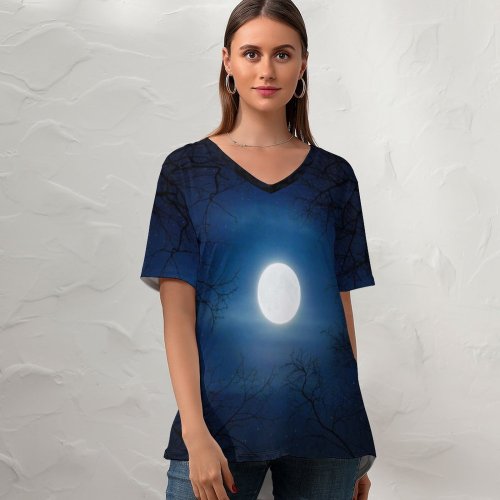 yanfind V Neck T-shirt for Women Aron Visuals Moon Night Trees Sky Moon Summer Top  Short Sleeve Casual Loose