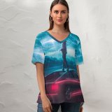 yanfind V Neck T-shirt for Women Vitaliy Art Sci Fi Spaceship Alien Flying Saucer UFO Summer Top  Short Sleeve Casual Loose