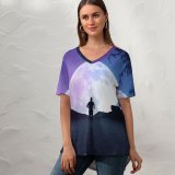 yanfind V Neck T-shirt for Women Fantasy Moon Silhouette Running Starry Sky Night Road Summer Top  Short Sleeve Casual Loose