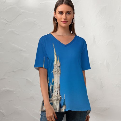 yanfind V Neck T-shirt for Women Castle Buena Public Park Lake Architecture Travel States Disney Magic Orlando Summer Top  Short Sleeve Casual Loose