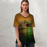 yanfind V Neck T-shirt for Women Tom Gainor Brooklyn Bridge York Cityscape City Lights Night Time Reflection Exposure Summer Top  Short Sleeve Casual Loose