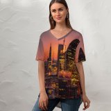yanfind V Neck T-shirt for Women Erotikpanda Cityscape City Lights Sunset Dawn Skyscrapers London Summer Top  Short Sleeve Casual Loose