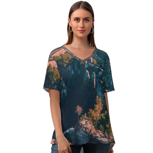 yanfind V Neck T-shirt for Women Canyon Rathen Landscape Aerial Wallpapers Mountain Fish Outdoors Scenery Free Art Summer Top  Short Sleeve Casual Loose