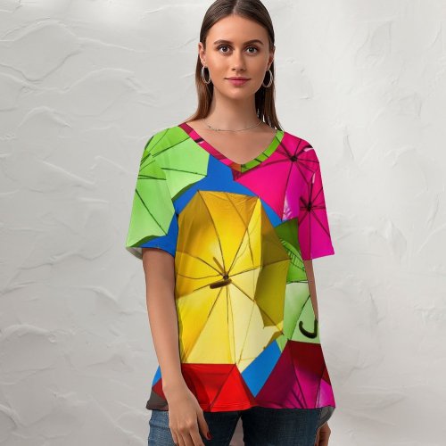 yanfind V Neck T-shirt for Women Romain Guy Umbrellas Street Festival Colorful Sky Rainbow Summer Top  Short Sleeve Casual Loose