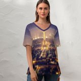 yanfind V Neck T-shirt for Women Andrés Nieto Porras Eiffel Tower Paris Night Time City Lights Cityscape Tourist Summer Top  Short Sleeve Casual Loose