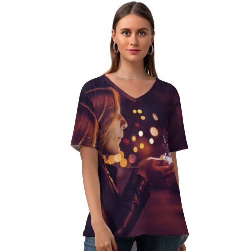 yanfind V Neck T-shirt for Women Autumn Night Glitter Illuminated Public Wallpapers Fire Supernatural Mystical Dark Sparkle Summer Top  Short Sleeve Casual Loose