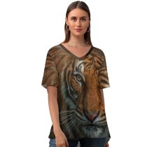 yanfind V Neck T-shirt for Women Bengal Tiger Closeup Big Cat Wild Summer Top  Short Sleeve Casual Loose