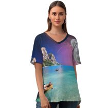 yanfind V Neck T-shirt for Women Jessica Wright Holidays Moon Starry Sky Tour Seascape Boating Collage Couple Honeymoon Summer Top  Short Sleeve Casual Loose