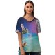 yanfind V Neck T-shirt for Women Jessica Wright Holidays Moon Starry Sky Tour Seascape Boating Collage Couple Honeymoon Summer Top  Short Sleeve Casual Loose