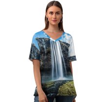 yanfind V Neck T-shirt for Women Robin Kamp Seljalandsfoss Waterfalls Iceland Stream Cliff Moss Exposure Landscape Scenery Sky Summer Top  Short Sleeve Casual Loose
