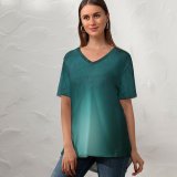 yanfind V Neck T-shirt for Women Dorothe Forest Path Foggy Morning Teal Turquoise Trees Summer Top  Short Sleeve Casual Loose