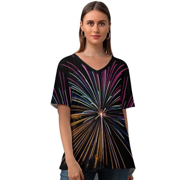 yanfind V Neck T-shirt for Women Anthony Roberts Black Dark Celebrations Year Fireworks Year's Eve Night Colorful Dark Summer Top  Short Sleeve Casual Loose