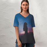 yanfind V Neck T-shirt for Women Luizclas Girl Silhouette Twilight Sunset Dusk Evening Sky Summer Top  Short Sleeve Casual Loose