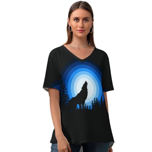 yanfind V Neck T-shirt for Women Suryapraveen Dark Minimal Wolf Howling Silhouette Summer Top  Short Sleeve Casual Loose